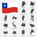 Sixteen Maps Regions of Chile - alphabetical order with name. Every single map of Region are listed and isolated with wordings and